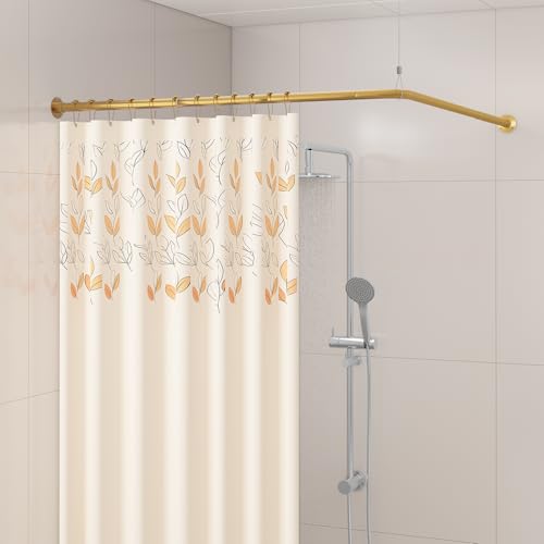 Yampos L-förmige Eck-Duschvorhangstange, 61-94 cm x 61-94 cm, verstellbare, um 90 Grad gebogene Badezimmerstange, quadratisch, kein Durchhängen, mit 12 Haken und Deckenhalterung, Gold von Yampos