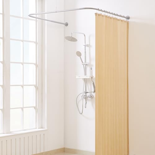 Yampos U Form Duschvorhangstange, Einstellbare [Beide Seiten: 60 cm - 132 cm, Mitte: 76 cm - 117 cm] Badewanne Duschstange Außenduschstange für Badezimmer mit 12-Haken für Deckenunterstützung von Yampos