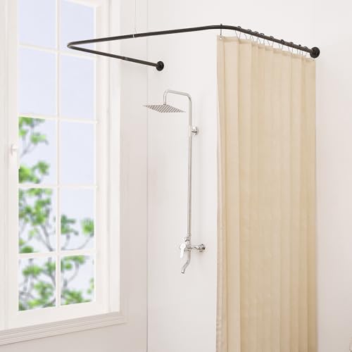 Yampos U Form Duschvorhangstange, Einstellbare [Beide Seiten: 60 cm - 132 cm, Mitte: 76 cm - 117 cm] Badewanne Duschstange Außenduschstange für Badezimmer mit 12-Haken für Deckenunterstützung von Yampos
