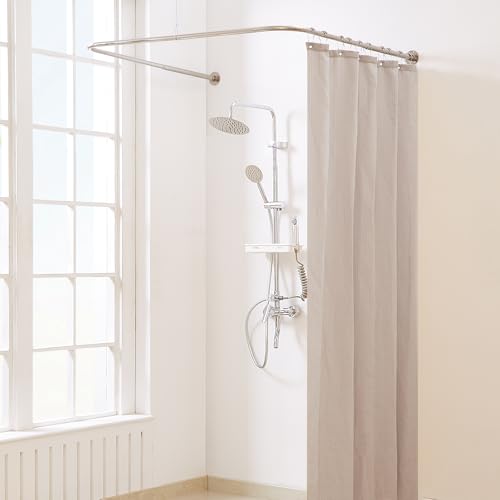 Yampos U Form Duschvorhangstange, Einstellbare [Beide Seiten: 60 cm - 132 cm, Mitte: 76 cm - 117 cm] Badewanne Duschstange Außenduschstange für Badezimmer mit 12-Haken für Deckenunterstützung von Yampos