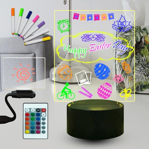 Yan-tech 3D LED Nachtlicht USB Handschrift Note Board Acryl Whiteboard Trocken Löschen Nachricht Tischlampe mit 7 bunten Markern 16 Farbwechsel Fernbedienung Helligkeit Einstellbare Wohnkultur von Yan-tech