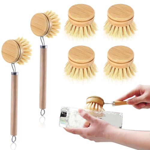YanBous Spülbürstenkopf 6er Set mit zwei separaten Griffen - Austauschbare Holzspülbürstenköpfe. Nachhaltige Bürstenköpfe mit Pferdehaar und natürlichen Sisalborsten, langlebig und robust. von YanBous