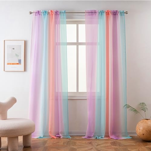 Yancorp Durchsichtiger Vorhang, 2 Paneele, Halb-Schlafzimmer-Vorhänge, 213,4 cm Länge, Leinen, Regenbogenfarben, Ombré-Vorhänge, Stangentasche, Wohnzimmer, Meerjungfrau von Yancorp
