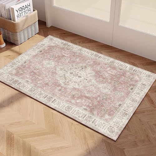 Yancorp Fußmatte für den Innenbereich, 58,4 x 88,9 cm, klein, dünn, waschbar, rutschfest, für den Innenbereich, Boho-Teppich, Wohnzimmer, Fußmatte, Rosa von Yancorp
