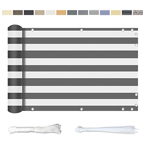YangAera Balkon Sichtschutz 65x800CM, Windschutz Wasserdicht und UV-Schutz Balkonabdeckung - mit Ösen Kabelbinder und Kordel, für Balkongeländer Terrasse Garten (Graue und Weiße Streifen) von YangAera