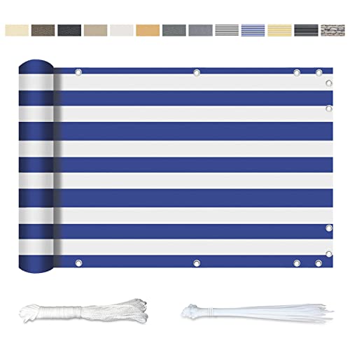 YangAera Balkon Sichtschutz 95x800CM, Windschutz Wasserdicht und UV-Schutz Balkonabdeckung - mit Ösen Kabelbinder und Kordel, für Balkongeländer Terrasse Garten (Blaue und Weiße Streifen) von YangAera