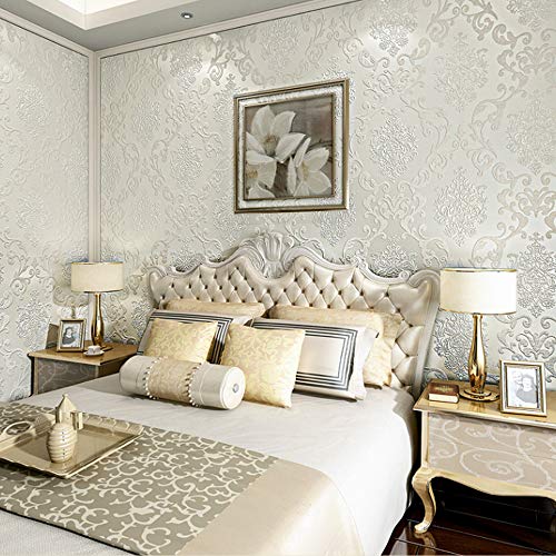 YangYun Home Decoration Europäische 3D-Damast-Tapete mit Perlenpuder, Vliesstoff, für Wohnzimmer, Schlafzimmer, Hotel, nicht geklebt, cremefarben, 0,53 m (B) x 10 m (L) = 5,3 m² von YangYun Home Decoration