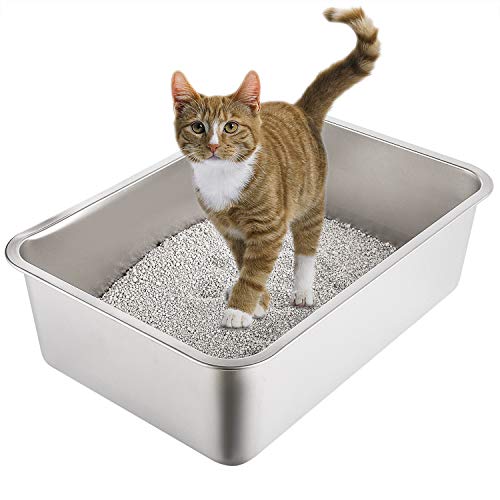 Yangbaga Edeltsahl Katzentoilette Groß in 50 * 35 * 15cm, Stainless Steel Litter Box, Kaninchentoilette Katzenklo offen für großes Häschen und große Katze (Silber) von Yangbaga