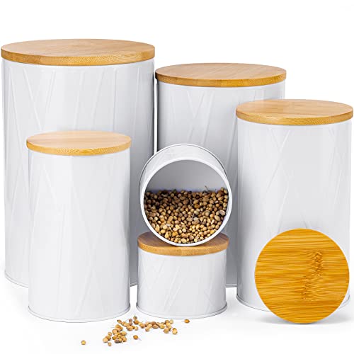 Yangbaga Vorratsdosen Set Metall 6er Aufbewahrung Set mit Bamboos Luftdicht Dekel, Küchen Vorratsbehälter für Kaffee Müsli Zucker Tee Gewürz...(Weiß) von Yangbaga