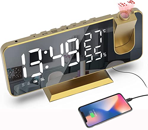 Yangers Projektion Wecker Funkuhr, 7.4'' Digital Clock Netzteil LED Spiegel FM Radio Wecker Mit USB Ladeanschluss, Temperatur und Luftfeuchtigkeit Messer für Nachttisch Schlafzimmer Home Beamte von Yangers