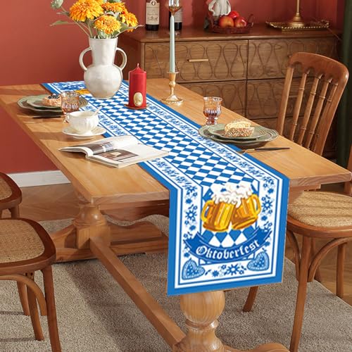 Yanghad Oktoberfest Tischläufer, Biertisch Tischdecke Oktoberfest Accessoires Waschbar, Bayrische Raute Deko in Blau-Weiß，Karierte Tischdeko für Wiesn Party & Bayrischer Abend von Yanghad