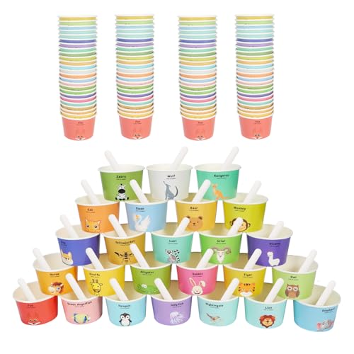 Yanghad Papier Einweg Eisschalen eisdiele eisbecher mit 25 Tierfiguren und Buchstaben, 100PCS Paper Dessertbecher 6 oz 180 ml mit 100 löffel von Yanghad