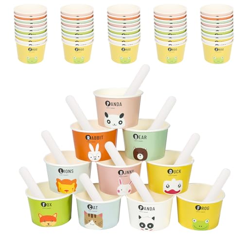 Yanghad Papier eisdiele eisbecher，Papier Dessertbecher Einweg-Eisbecher 100PCS fur Kinderfeiern 100 Stück 6 oz / 180 ml Papiereisbecher mit 100 Stück Einweg-Papierlöffel（10 verschiedene Tierformen） von Yanghad