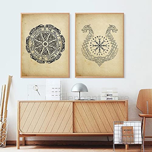 Alte Schilde Wikinger Runen Poster und Drucke Skandinavische Wandkunst Leinwand Gemälde Wandbild Wohnzimmer Dekor 19.6"x 27.5"(50x70cm)x2 Kein Rahmen von Yangld