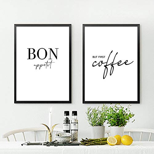 Kitchen Art Decor But First Coffee Poster Bon Appetit Print Schwarz Weiß Wandkunst Leinwand Gemälde Bild Für Speisesaal 30x40cm-2pcs Frameless von Yangld