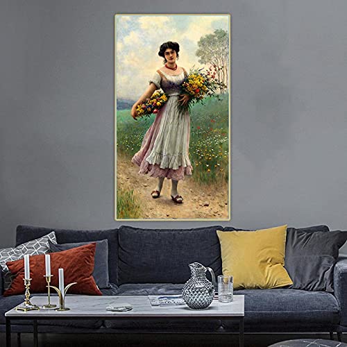 Leinwanddruck Ein Mädchen, das Blumen sammelt, von Eugene de Blaas, Leinwandbild, Ölgemälde, Ästhetik, Bild, Wand, Heimdekoration, 50 x 80 cm, rahmenlos von Yangld