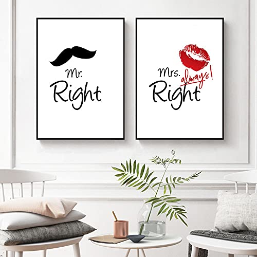 Mr Right Mrs Always Right Poster Wand Kunstdruck Schnurrbart Rote Lippen Leinwand Gemälde Wandbild für Wohnzimmer Wohnkultur 40x50cm-2pcs Frameless von Yangld