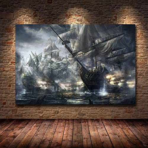 Vintage Piratenschiff Schwarz Segelschiff Seascape Leinwand Malerei Poster und Drucke Schiff Wandbilder Wohnzimmer Dekoration 60x80cm Rahmenlos von Yangld