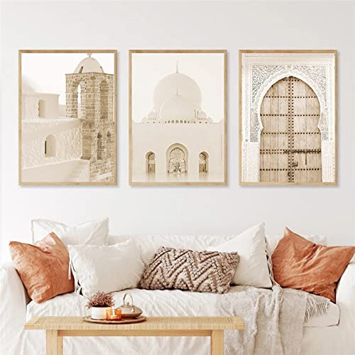 Yangld Beige Moschee, islamischer marokkanischer Torbogen, Poster und Drucke, Wandkunst, Leinwand, Gemälde, Bild für Wohnzimmer, Heimdekoration, 15,7 Zoll x 23,6 Zoll (40 x 60 cm) x 3, kein Rahmen von Yangld