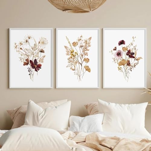 Yangld Boho-Aquarell, neutral, Wildblumen, grüne Blätter, Leinwandgemälde, Poster, Wand-Kunstdruck, Bild, Zimmer, Mädchen, Schlafzimmer, Dekor, 30 x 40 cm (11,8 x 15,7 Zoll) x 3, ohne Rahmen von Yangld