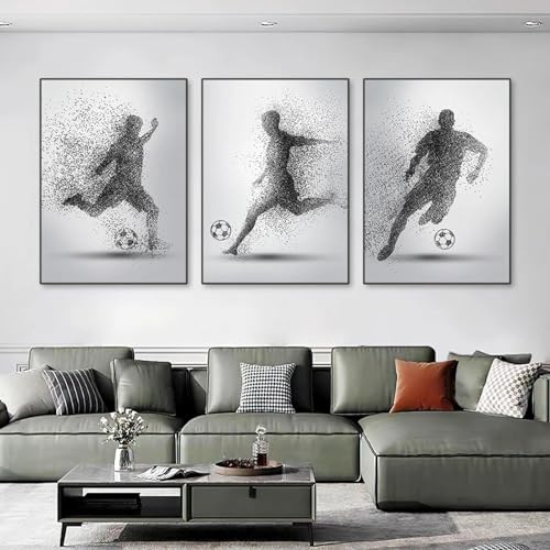 Yangld Kreatives abstraktes Sport-Fußball-Poster, schwarz-weißer Fußballspieler, Leinwandgemälde für Fitnessstudio, Wohnzimmer, Heimdekoration, 50 x 70 cm x 3, ohne Rahmen von Yangld