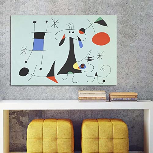 Yangld Leinwand Gemälde Druck Joan Miró Figur Hund Vögel Wohnzimmer Dekoration Moderne Wandkunst Ölgemälde Poster Bild 30x45cm Rahmenlos von Yangld