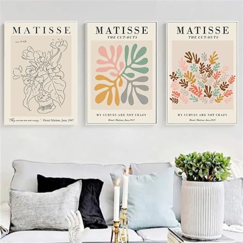 Yangld Matisse Mädchen Korallenvase Blume abstrakte nordische Poster und Drucke Wandkunst Leinwand Malerei Wandbilder für Raumdekoration 30 x 40 cm – 3 Stück rahmenlos von Yangld