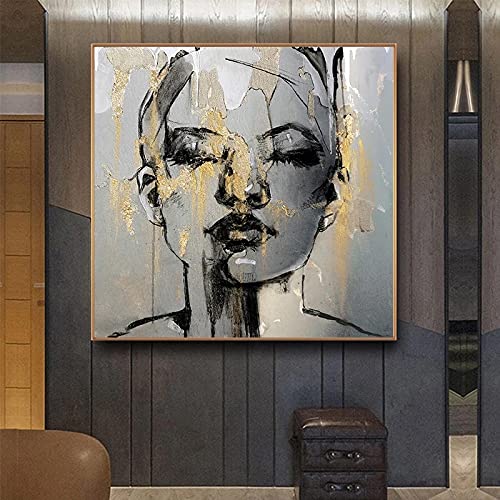 Yangmanini Moderne Abstrakte Goldene Mädchen Gesicht Leinwand Malerei Charakter Frauen Poster Drucke Wohnzimmer Dekoration Wandkunst Bilder 60x60cm Rahmenlos von Yangmanini