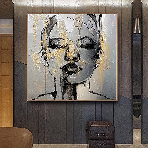 Moderne Abstrakte Goldene Mädchen Gesicht Leinwand Malerei Charakter Frauen Poster Drucke Wohnzimmer Dekoration Wandkunst Bilder 70x70cm Rahmenlos von Yangmanini