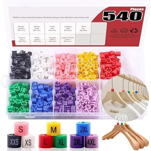 Kleiderbügel-Größenmarkierungen, farbcodiert, Größe XXS-4XL, für Kleiderbügel mit Etui, 540 Stück Kleiderbügel-Größenmarkierungen, farbcodiert, Größe XXS-4XL, für Kleiderbügel mit Etui, 540 Stück von Yangshe