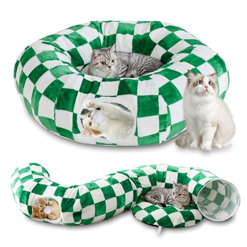 Yaning Katzentunnel für Indoor-Katzen, niedliche Peekaboo Katzenhöhle mit baumelnden Bällen, kariertes Haustier-Donut-Tunnelbett mit Kreismatte für Welpen, Kätzchen, Kaninchen, Grün/Weiß Yaning Katzentunnel für Indoor-Katzen, niedliche Peekaboo Katzenhöhle mit baumelnden Bällen, kariertes Haustier-Donut-Tunnelbett mit Kreismatte für Welpen, Kätzchen, Kaninchen, Grün/Weiß von Yaning