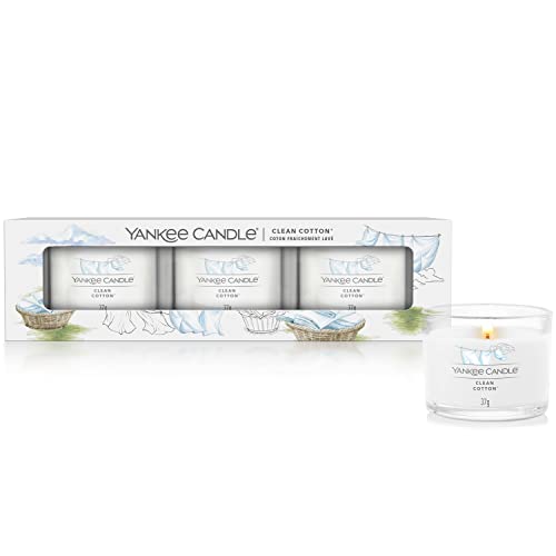 Yankee Candle Duftkerzen Geschenkset | Clean Cotton Gefüllte Votivkerze | Sojamischung Wachsmischung | 3 Stück von YANKEE CANDLE