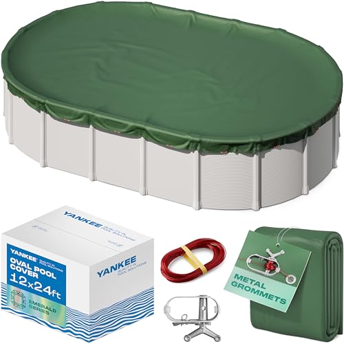 Yankee Emerald Series Poolabdeckungen für oberirdische Pools, ovale 3,6 x 7,3 m Schwimmbadabdeckung mit Stahlkernkabel, Seilwinde zur Überwinterung, 9 mm mitteldick für Schutz außerhalb der Saison von Yankee Pool Pillow