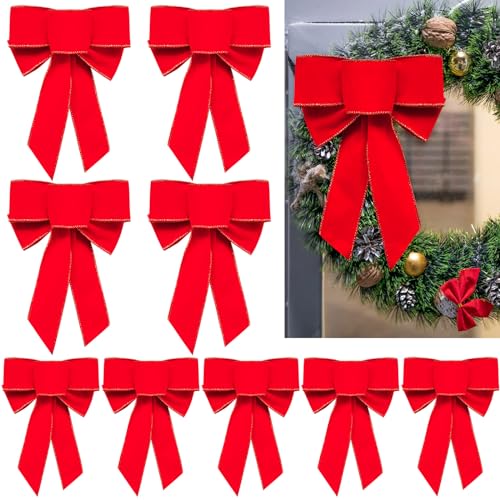 Yanmucy 10 große Weihnachtsschleifen rote Samtschleifen mit Glitzer Goldrand Outdoor Xmas Schleifen Weihnachtsdekoration für Weihnachtsbaum Türkränze 24,1 x 17,8 cm (10) von Yanmucy