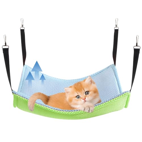 Yanmucy Katzen Hängematten Bett atmungsaktives Netzgewebe für den Sommer zweilagig Haustierkäfig Hängebett für Katzen Kätzchen Kaninchen 53 x 35 cm (grün + blau) von Yanmucy