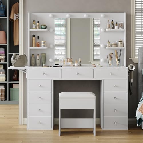 Yanosaku Schminktisch mit Stromversorgung 47 Zoll breiter mit Spiegel und 12 LED-Leuchten 3 Farbbeleuchtungsmodi 11 Schubladen 4 Ablagen klappbares Panel Glastischplatte Schminkset für Schlafzimmer von Yanosaku