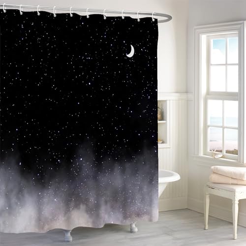 Yanutan Duschvorhang-Set für Badezimmer, Motiv: Mitternacht im Nebel, Sternenhimmel, Mondschein, Duschvorhang-Set für Badezimmer, Stoff-Badevorhang mit Haken, 183 x 183 cm von Yanutan