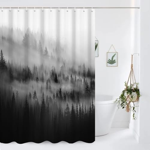 Yanutan Duschvorhang-Set mit schwarzen und weißen Wald-Motiven, nebliges schwarzes Berg-Duschvorhang-Set für Badezimmer, natürlicher Stoff, Badvorhang mit Haken, 183 x 183 cm von Yanutan