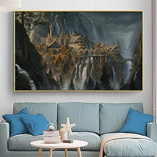 Mittelerde Bruchtal Landschaft Filmposter und Drucke Gemälde auf Leinwand Wandkunst Ein Ringbild für Raumdekoration 80 x 127 cm (31 x 50 Zoll) rahmenlos von Yanyan Art