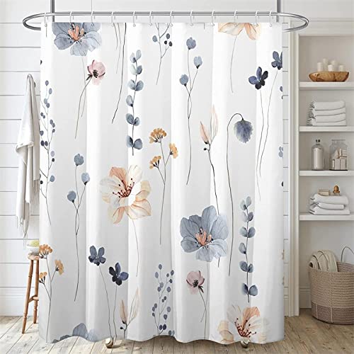 Yanyan Art Aquarell Blumen Duschvorhang blau beige Blumenmuster wasserdicht mit Haken Stoff Bad Dekoration Duschvorhänge 140x180cm/BxH von Yanyan Art