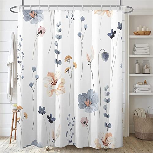 Yanyan Art Aquarell Blumen Duschvorhang blau beige Blumenmuster wasserdicht mit Haken Stoff Bad Dekoration Duschvorhänge 85x183cm/BxH von Yanyan Art