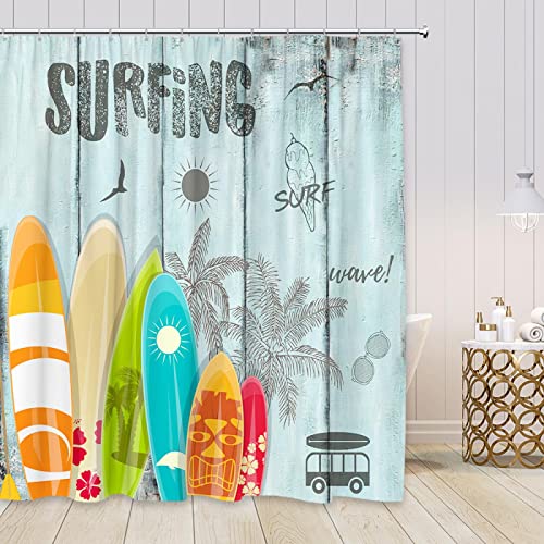 Yanyan Art Bunte Surfbrett Duschvorhänge Sommer Surfen Meer Welle Palme Print Vintage Blau Dekor Badezimmer Vorhang Stoff mit Haken 47x72in-119x183cm/WxH von Yanyan Art