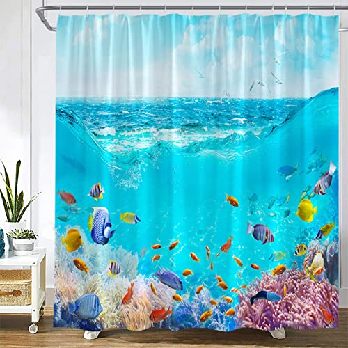 Yanyan Art Delphin-Duschvorhänge, lustige Meerestiere, Tropische Fische, Meeresschildkröte, Koralle, Unterwasserlandschaft, Stoff, Kinder-Badezimmer-Dekor-Set 120x230cm/BxH von Yanyan Art