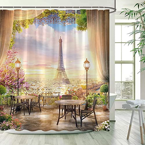Yanyan Art Europäische Landschaft Duschvorhänge Paris Turm Blumen Pflanzen Stadt Landschaft Garten Wandbehang Home Badezimmer Dekor mit Haken 180x183cm/BxH von Yanyan Art
