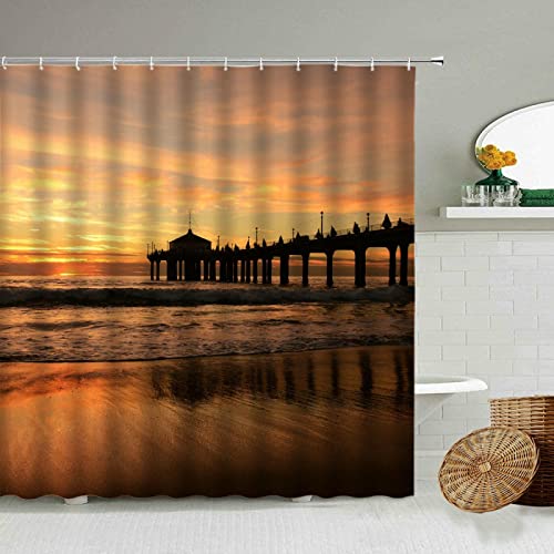 Yanyan Art Ocean Beach Dusk Sunrise Pier Duschvorhang Seaside Fotografie Natürliche Landschaft Badezimmer Wanddekoration 3D Wasserdichter Bildschirm 120x230cm/BxH von Yanyan Art