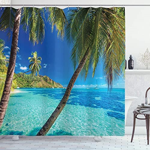 Yanyan Art Ozean-Duschvorhang, Bild Einer Insel mit Palmen und Meeresmotiven, Stoff-Badezimmer-Dekor-Set mit Haken 150x170cm/BxH von Yanyan Art