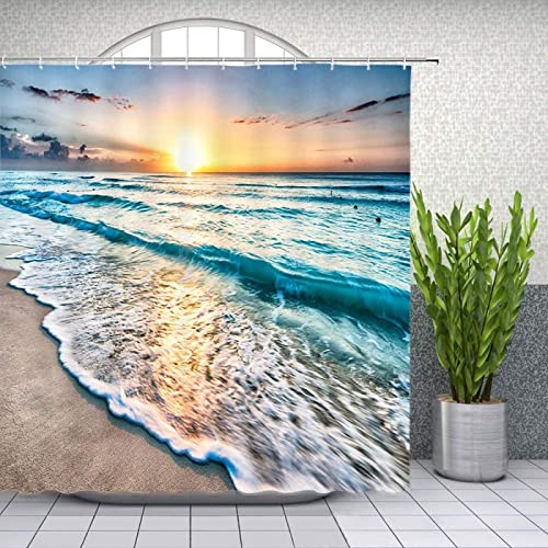 Yanyan Art Ozean-Strand-Duschvorhang-Meer-Wellen-Sonnenuntergang-Landschafts-Badezimmer-Dekor-wasserdichtes Polyester-Gewebe-Ausgangsbadezubehör-Vorhänge 180x180cm(70.87x70.87in) von Yanyan Art