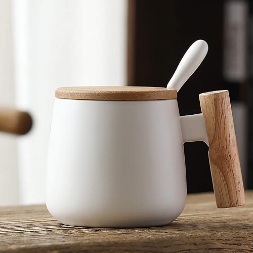 Yanyan Keramikbecher mit Holzgriffen, Kaffeetassen mit Deckel und Edelstahllöffeln, geeignet für Milchkaffeetasse, Trinkgeschirr (weiß, 400 ml) von Yanyan