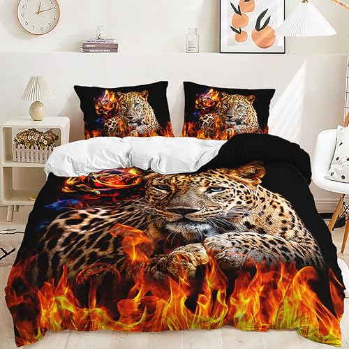 Yaofeiou 3D Effekt Leopard Bettwäsche 135x200 4Teilig Jungen Mädchen Bettwäsche Tier Wildtier Tiermotiv Bettwäsche Leoparden und Flammen Muster Bettbezug Set mit 2 Kissenbezug 80x80 von Yaofeiou