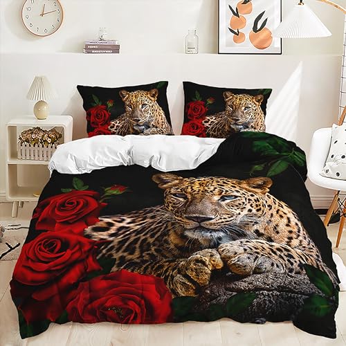 Yaofeiou 3D Effekt Leopard Bettwäsche 135x200 Blume und Tiermotiv Bettwäsche für Jungen Mädchen Leopard Thema Bettbezug 2Teilig Weich Mikrofaser Wendebettwäsche mit 1 Kissenbezug 80x80 von Yaofeiou